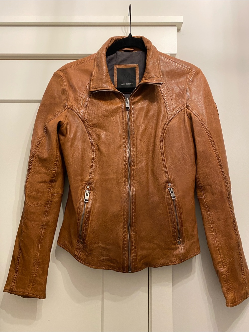 Mauritius Cognac Lambskin Leather Moto Jacket Regular Fit EU 42/44